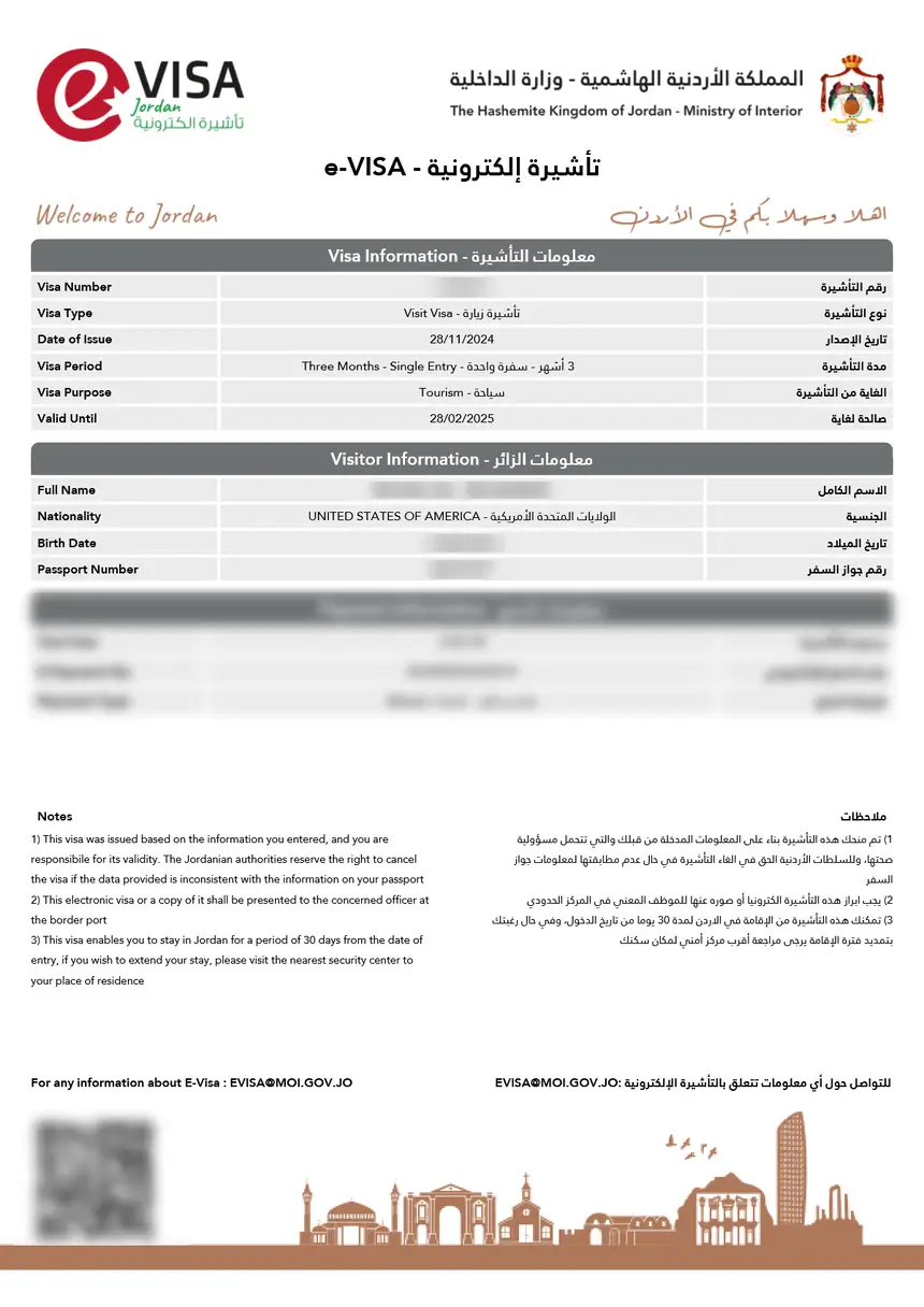 Sample Jordan e-Visa issued by the Ministry of Interior